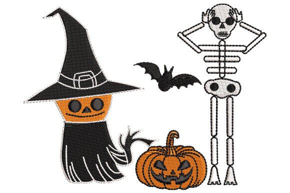 Halloween Pumpkin, Skeleton Witch and Bats: A Spooky Seasonal Embroidery Design